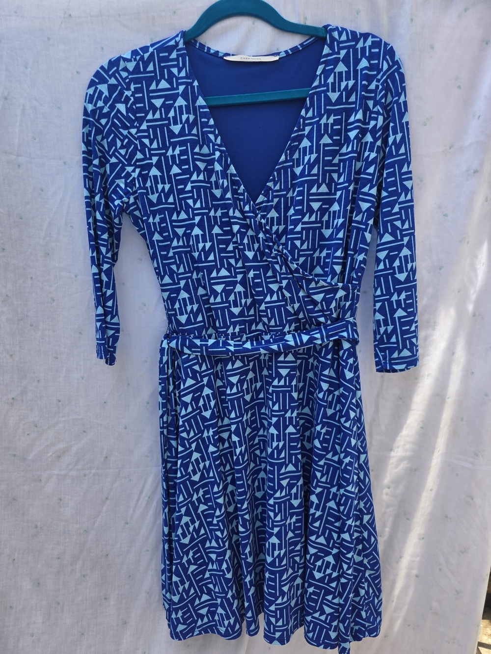 Blue Geo-Print Dress Women With Lining And Belt Curvy Flowy